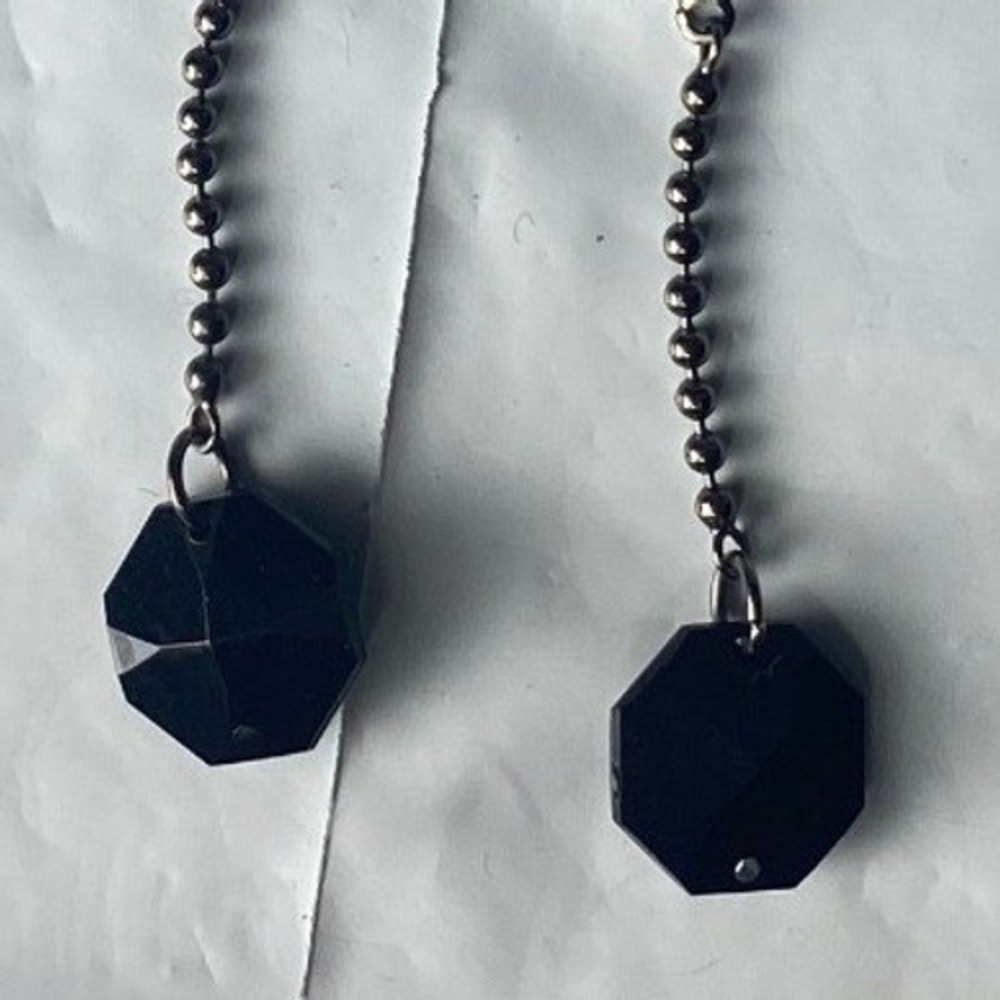 Black Octagon Beaded Dangle Earrings Silver Tone Chain